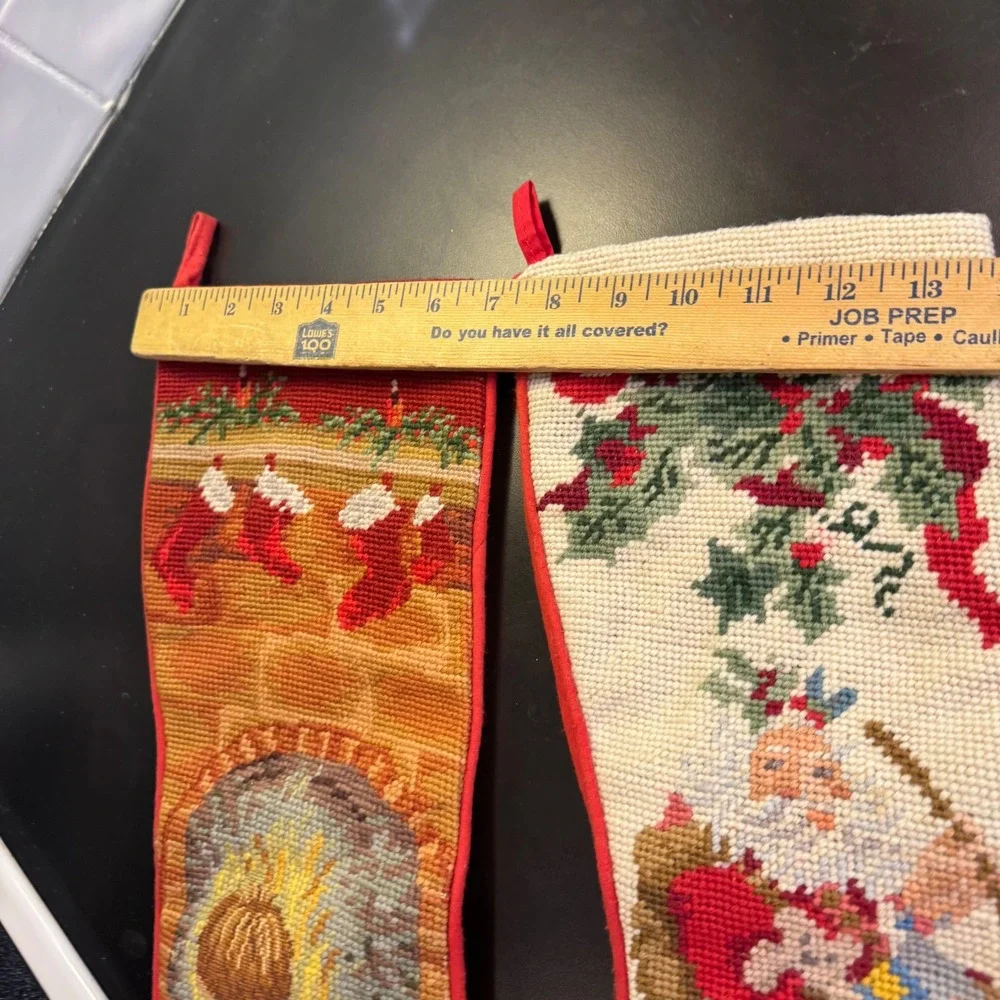 Vintage Christmas Stocking Set Multicolor Needlepoint Santa Fireplace 2pc